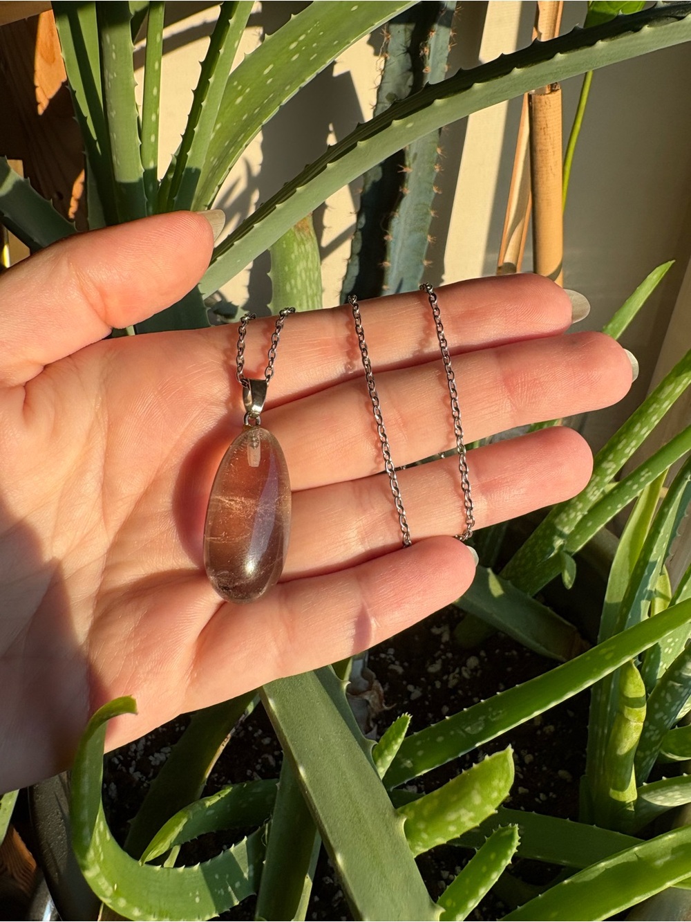 Smoky quartz Pendant Necklace on Silver toned chain- Women's Jewelry